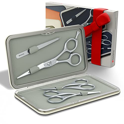 Suvorna Beard & Mustache trimming kit with Beard Scissors, Mustache Scissors, Facial Hair Scissors, Grooming Scissors, Ear Scissors, Nose Scissors, Eyebrow Scissors, and Tweezer Men. (4 Pcs White)