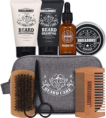 Beard Kit Rinse & Robust Beard Care Grooming For Men Beard Travel Set Christmas Gift |Beard Shampoo and Conditioner,Beard Oil,Beard Balm,Double-Headed Brush,Beard Scissors,Bristle Brush,Travelling Bag