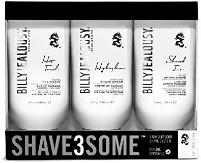 Billy Jealous Shave3some Travel-Size Trio Shaving Kit for Men with Heating Pre-Shave, Super Slick Shave Cream and Cooling After-Shave, Citrus Scent, 3 Fl Oz Each