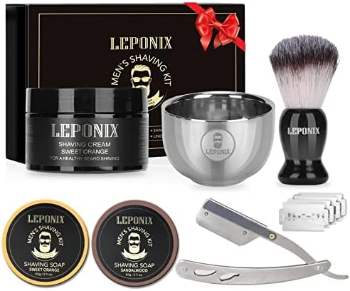 Straight Razor Shaving Kit, Includes 2 Packs Shaving Soap, Straight Edge Razor, Shaving Cream,Shaving Brush and Shaving Bowl Shaving Unique Gifts Set Stocking Stuffers for Men Him Dad (Sweat Orange)