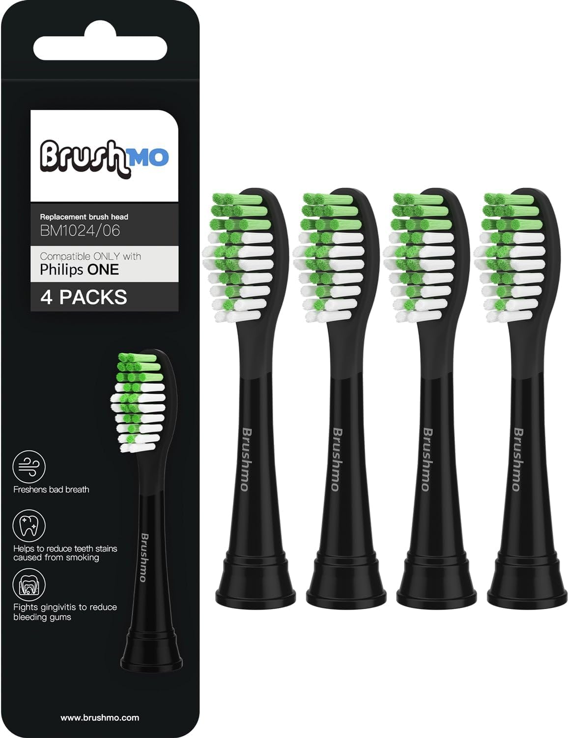 Brushmo Replacement Toothbrush Heads Compatible with Philips Sonicare One Toothbrush, for HY1200/06 Shadow Black BH1022/06 Brush Head (Shadow Black) 4 Pack