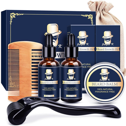 Beard Growth Kit - Beard Kit for Men with Beard Growth Oil (2 Pack), Beard Balm, Beard Comb, Beard Roller, Patchy Beard Growth, Unique Gifts for Men, Valentines Day Gifts for Him Boyfriend Husband Dad