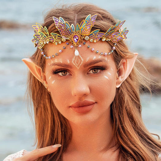 Brinie Butterfly Fairy Headband Purple Rhinstone Elf Enchanted Headpiece Pearl Elven Hairband Forest Fairy Circlet Halloween Costume Wedding Hair Accessories for Women and Girls