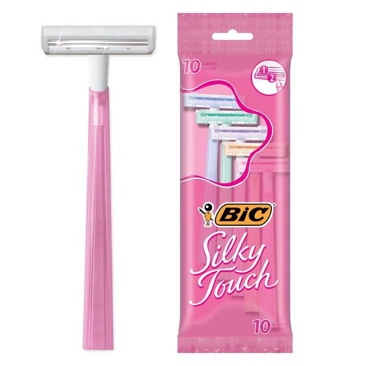 BIC Silky Touch Women's Disposable Razors, With 2 Blades, Pretty Pastel Razor Handles, 10 Count Value Pack of Shaving Razors