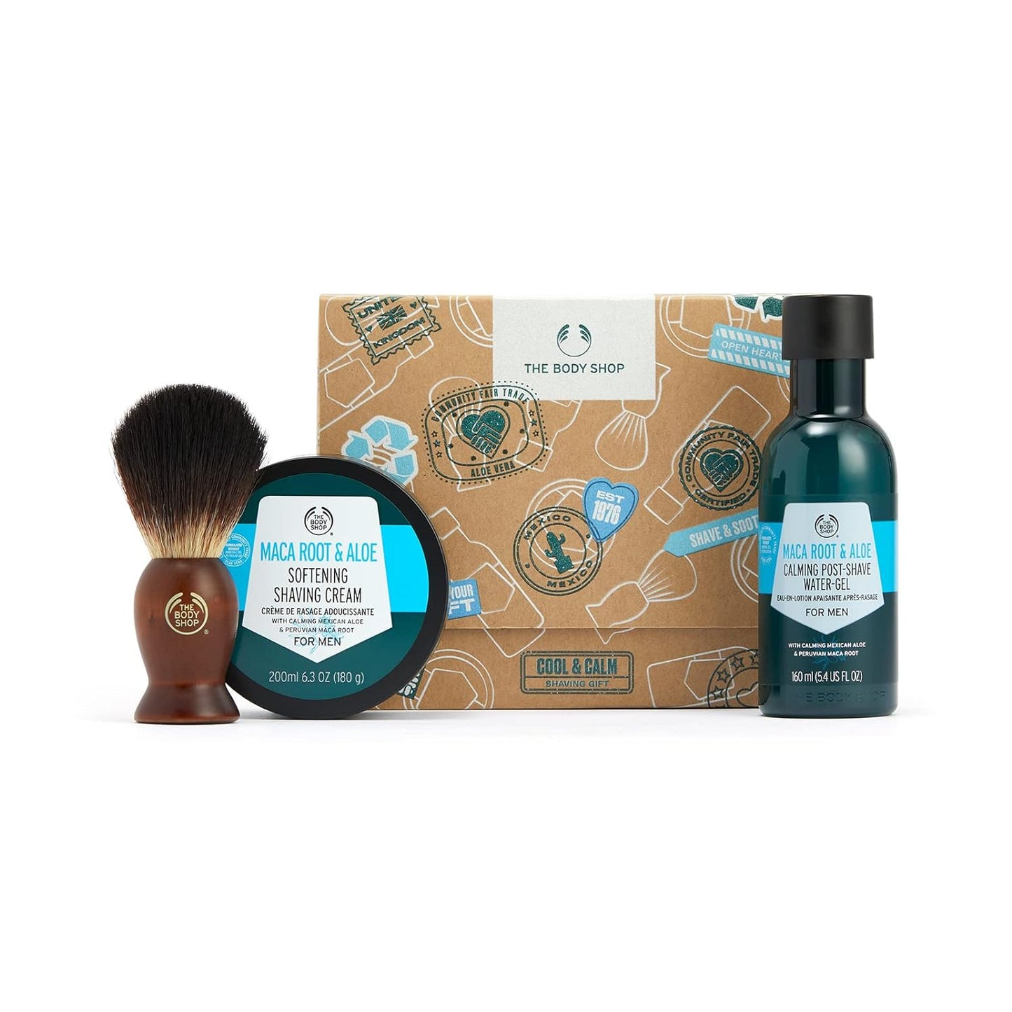 The Body Shop Cool & Calm Shaving Set – Maca Root & Aloe Shave Cream For Men 200ml, Maca Root & Aloe Post-Shave Gel 160ml & A Shaving Brush