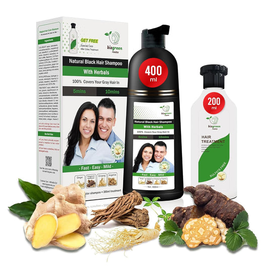 Biogreen Roots Herbal Natural Black Hair Color Shampoo (400ml) with 200ml Hair Treatment for Grey Hair Coverage in 10 Minutes - Hair Coloring for Men, Women, All Hair Types - Natural Black Hair Dye
