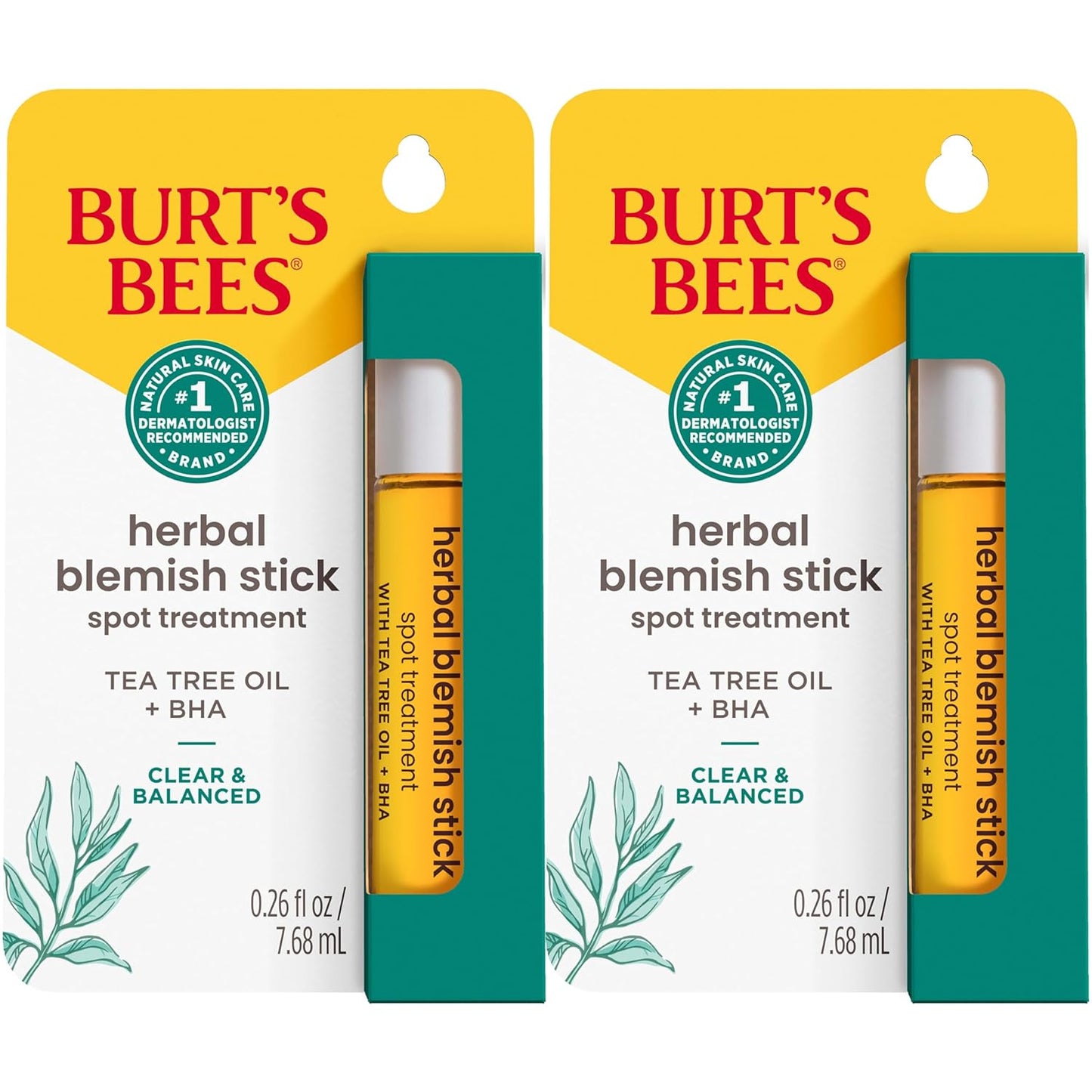 BurtÕs Bees Clear and Balanced Herbal Blemish Stick with Tea Tree Oil, Cica and Willow Bark Extract, On-the-Go Blemish Care, Unclogs Pores, Use with Skincare Products, 2-Pack, 0.26 fl. oz.
