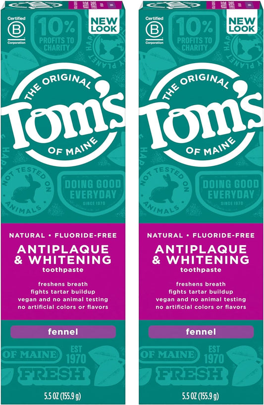 Tom's of Maine Fluoride-Free Antiplaque & Whitening Natural Toothpaste, Fennel, 5.5 oz. 2-Pack