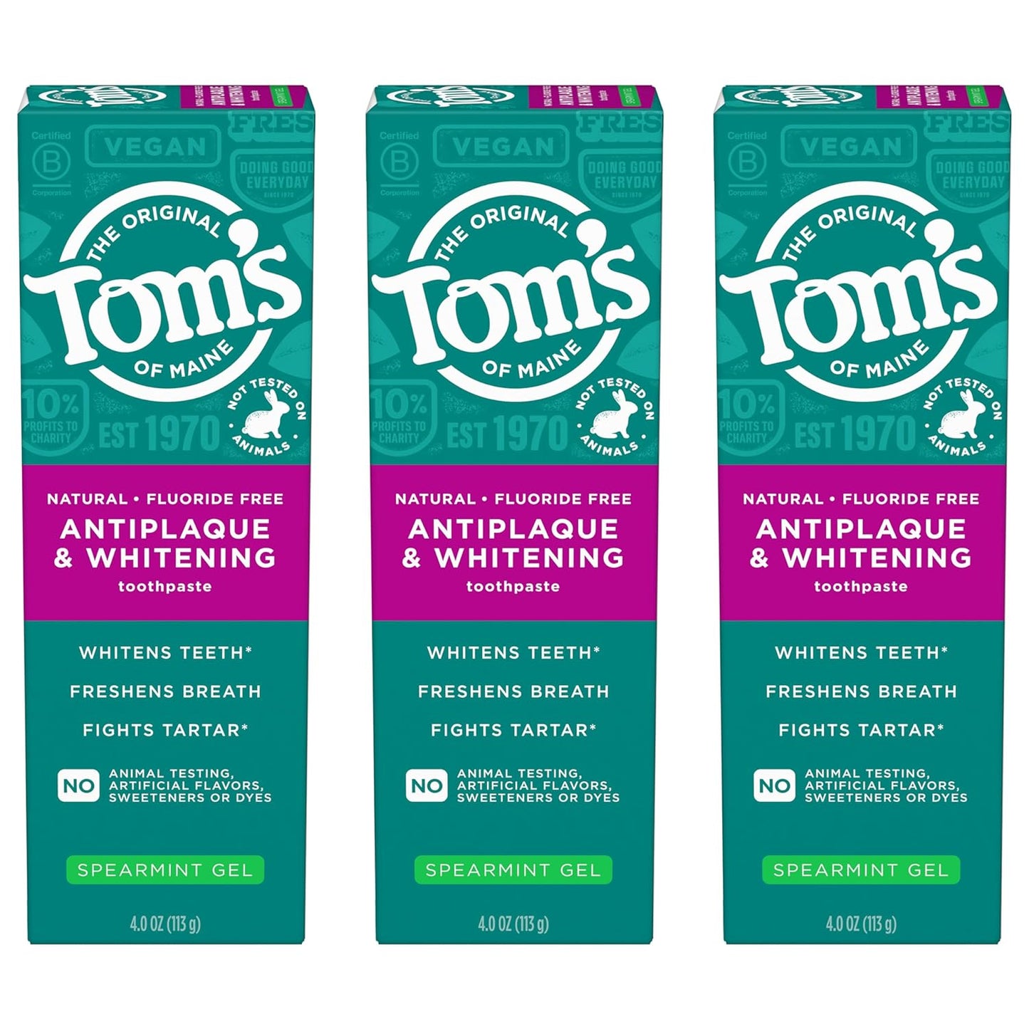 Tom’s of Maine Antiplaque and Whitening Fluoride Free Toothpaste Gel, Spearmint, 3 Pack, 4.0 oz
