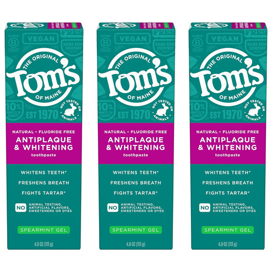 Tom’s of Maine Antiplaque and Whitening Fluoride Free Toothpaste Gel, Spearmint, 3 Pack, 4.0 oz