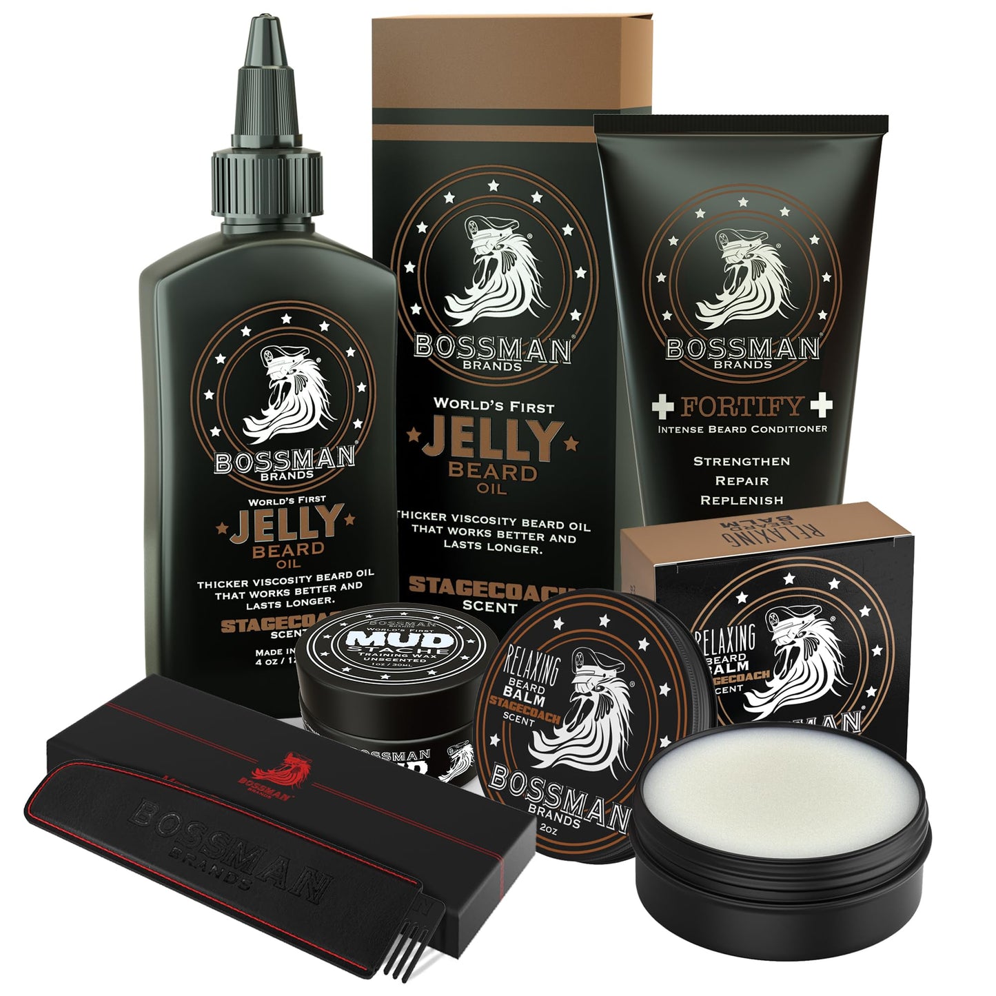 Bossman Complete Beard Kit - Men's Beard Oil Jelly, Fortify Shower Conditioner, Balm, Mustache Wax and Comb - Beard Softener, Growth, Care and Grooming Products Kit (Stagecoach)