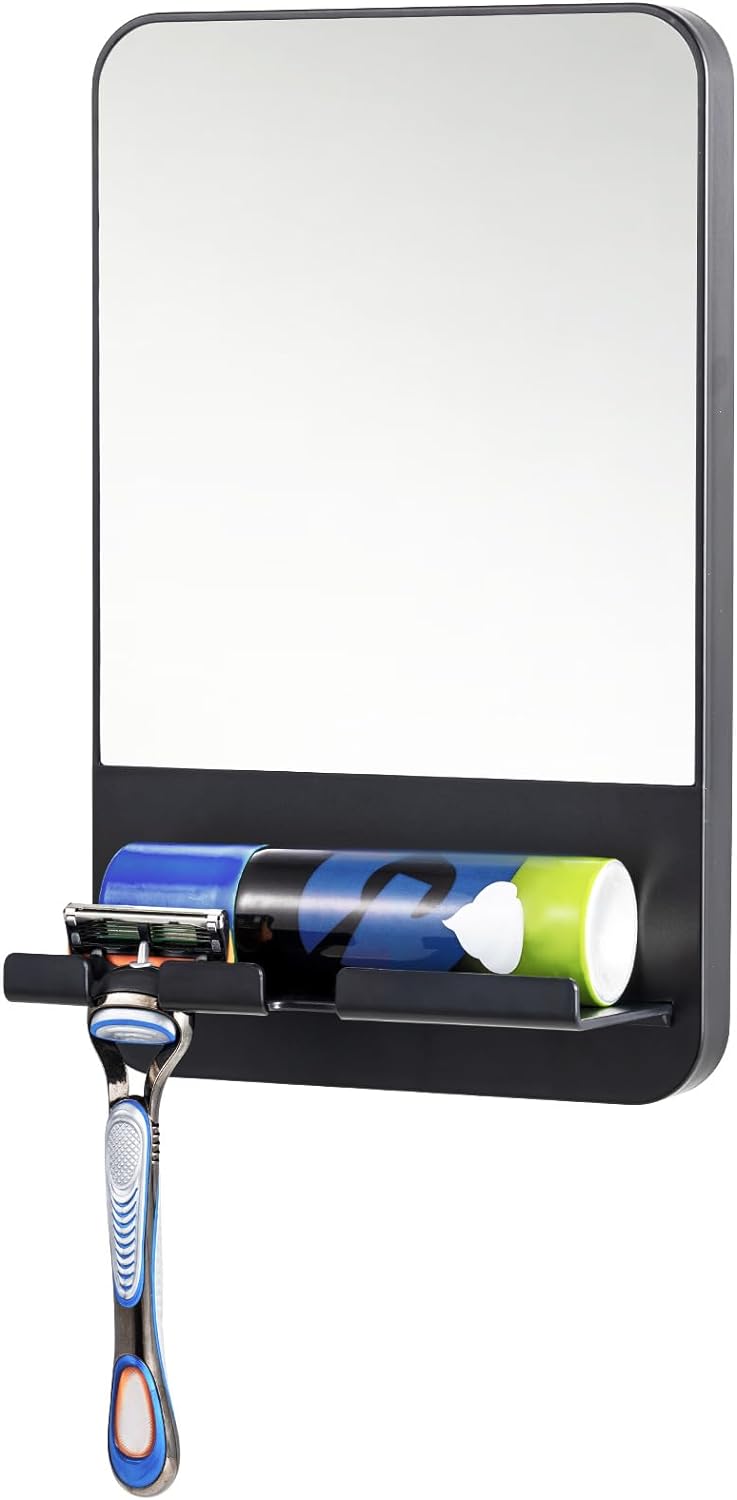 TAILI Shower Mirror Fogless Suction for Shaving with Razor Holder, Removable & NO-Drilling Anti Fog Mirror for Shower, Shatterproof & Waterproof for Bathroom - Men and Women(Black)