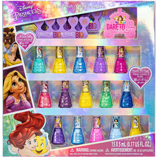 Townley Girl Disney Princess Non-Toxic Peel-Off Water-Based Natural Safe Quick Dry Nail Polish| Gift Kit Set for Kids Girls| Glittery and Opaque Colors| Ages 3+ (18 Pcs)
