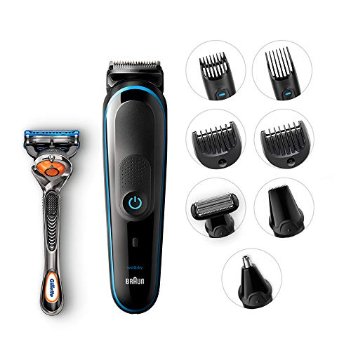 Braun 9-in-1 All-in-one trimmer MGK5080 Beard Trimmer & Hair Clipper, Body Groomer, Ear & Nose Hair Trimmer, Detail Trimmer Attachment, Black/Blue