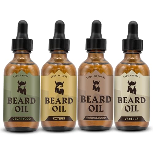 Striking Viking Beard Oil 4 Pack - Softening and Conditioning Beard Oil for Men - Citrus, Vanilla, Sandalwood, & Cedarwood Variety Scents - Enriched with Argan, & Jojoba Oils- Strengthens Beard Growth