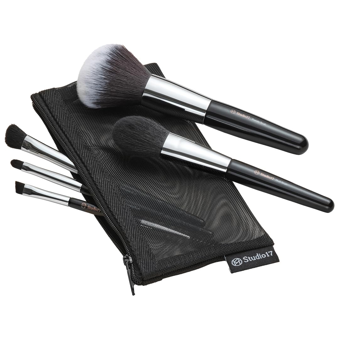 STUDIO17 Travel Makeup Brush Set 5 Pcs| Essential Face & Eye Makeup Brush Set | Portable Makeup Brush Set for Travel | Makeup Pouch & Brush Cover Included