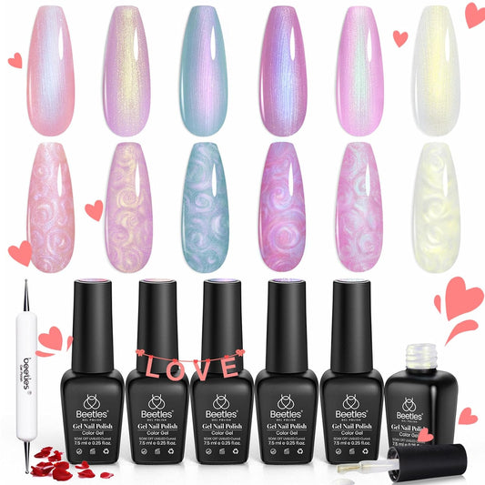 Beetles Pearl Gel Nail Polish, 6 Colors Shimmer Pearl White Pink Purple Mermaid Nail Drawing Gel Polish Soak Off Uv Led Gel Polish Swirl Shell Thread Effect DIY Manicure Beetles Vday Gifts