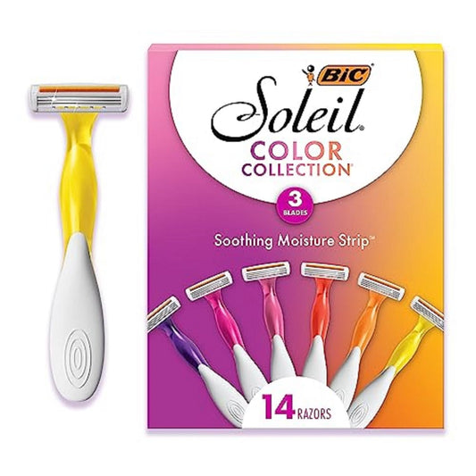 BIC Soleil Smooth Colors Women's Disposable Razors With Aloe Vera and vitamin E Lubricating Strip for Enhanced Glide, With 3 Blades, 14 Count
