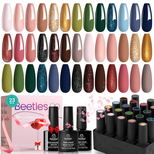 beetles Gel Polish Set 23Pcs Gel Nail Polish Red Green Blue Brown Glitter Gel Nail Polish Soak Off Uv Lamp Base Glossy and Matte Top Coat Manicure Kit Valentine's Day Gift for Her