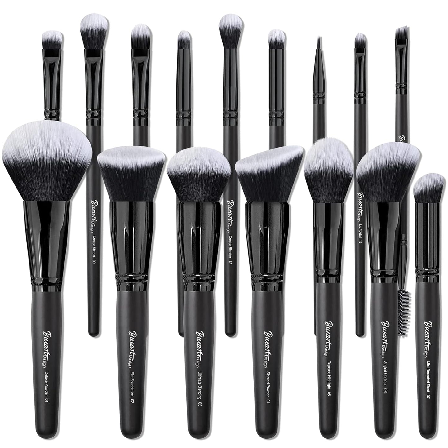 Bueart Design 16Pcs ULTRA SOFT Black labeled DENSE HAIR Makeup Brushes set Contains large powder Flat Foundation Ultimate Blending Make up Brush set Blush Face Brush Concealers contour Eyeshadow