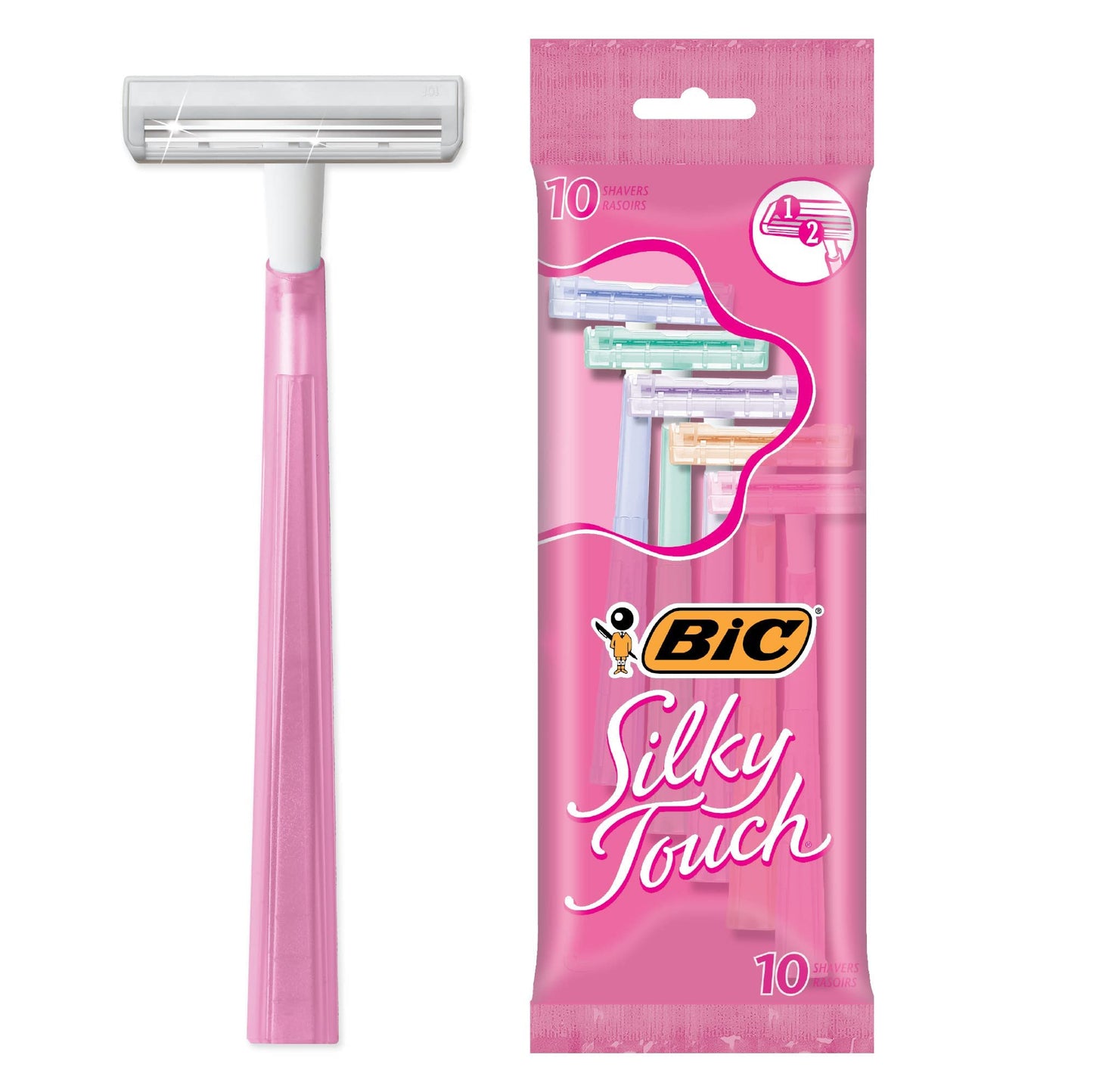 BIC Silky Touch Women's Disposable Razors, With 2 Blades, Pretty Pastel Razor Handles, 10 Count Value Pack of Shaving Razors