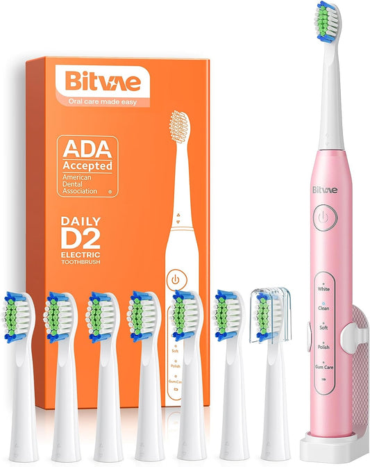 Bitvae Ultrasonic Electric Toothbrush - Rechargeable Sonic Electric Toothbrush for Adults and Kids, Power Toothbrush with Holder, 8 Brush Heads, Smart Timer, Fast Charge, Pink D2