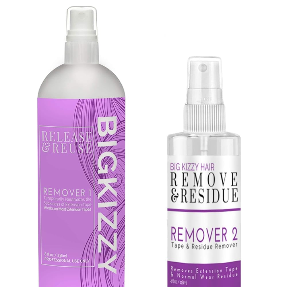 Big Kizzy Tape in Extension Remover (8oz) & Tape Ins Residue Remover (4oz), Big Kizzy Remover 1 + Remover 2 - Fastest Two Step System to Remove Tape in Extensions and Tape Ins Residue