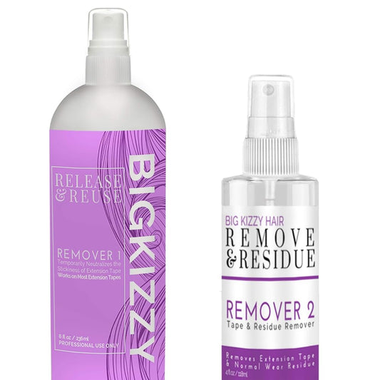 Big Kizzy Tape in Extension Remover (8oz) & Tape Ins Residue Remover (4oz), Big Kizzy Remover 1 + Remover 2 - Fastest Two Step System to Remove Tape in Extensions and Tape Ins Residue