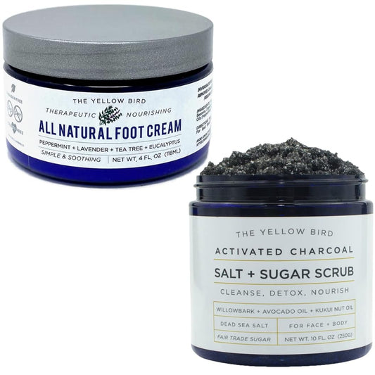 The Yellow Bird Foot Cream & Charcoal Salt, Sugar Scrub
