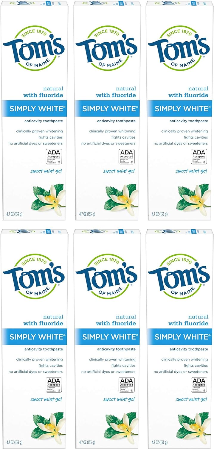 Tom's of Maine Simply White Toothpaste Gel, Whitening Toothpaste, Natural Toothpaste, Sweet Mint Gel, 4.7 Ounce, 6-Pack