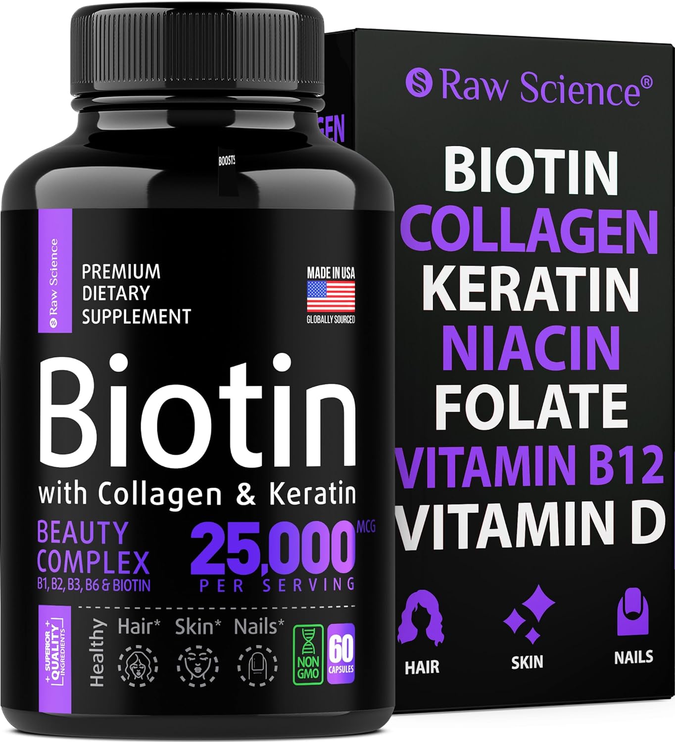 Biotin Collagen Keratin Supplement Ð Hair Skin and Nails Vitamins, Extra Strength Biotin and Collagen Supplements, Hair Growth Vitamins, Nail & Hair Growth Supplement for Women & Men Ð 60 Capsules